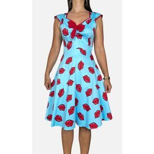 LADY VINTAGE Blue Red Lips Kisses Print Retro Fit  &  Flare Dress